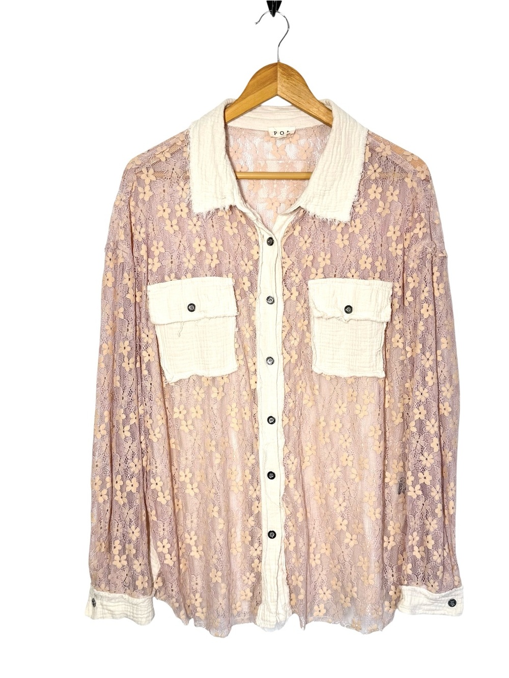 POL Pink Floral Lace Cream Trim Boho Western Button Up Shirt Top Size S Relaxed